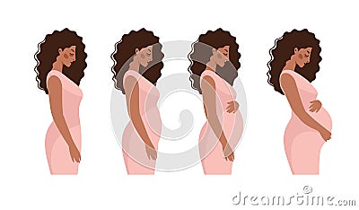 Black pregnant woman, trimester pregnancy. Fetal stages, infographic with mom to prepare for childbirth. Flat vector Vector Illustration