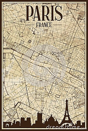 Framed downtown streets network printout map of PARIS, FRANCE Vector Illustration