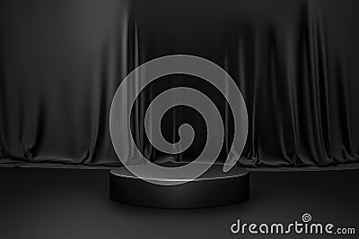 Black product background room and podium stand on dark curtain scene display with luxury fabric backdrops. 3D rendering Stock Photo