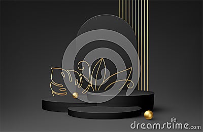 Black Product podium with golden monstera leaf line art on black background. Modern mockup template for advertising Vector Illustration