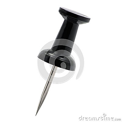 Black pushpin thumbtack drawing pin, isolated push fastening, position indicating concept, large detailed macro closeup Stock Photo