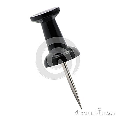 Black pushpin thumbtack drawing pin, isolated push fastening, position indicating concept, large detailed macro closeup Stock Photo