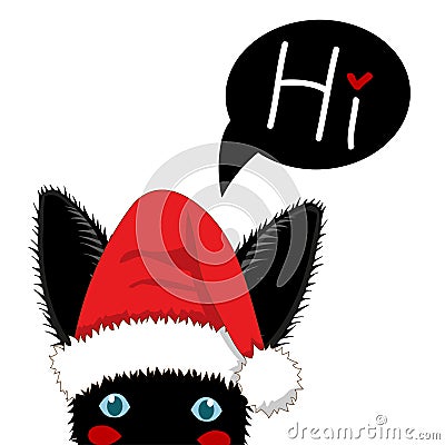 Black Rabbit with Santa Hat Sneaking. Greeting Card Christmas Day. Vector Illustration. Vector Illustration