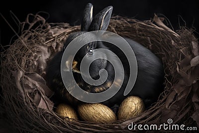 A black rabbit sits in a nest with golden eggs. Easter design Stock Photo