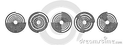Black radial spiral pattern set. Circular rotating speed line form collection. Spinning circle sound wave bundle Vector Illustration