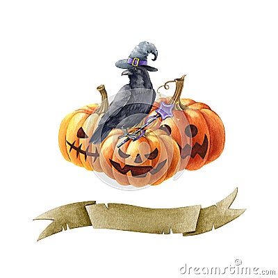 Black raven bird on pumpkin. Watercolor halloween illustration. Black crow in witch hat and magic wand on scary jack Cartoon Illustration