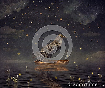 Black Raven in a boat at the river magical night Cartoon Illustration