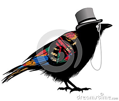 Black raven with hat Vector Illustration