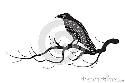 Black Raven Sitting on Tree Branch Vector Illustration