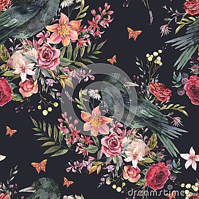 Black raven vintage seamless pattern with flowers. Burgundy roses natural texture Stock Photo