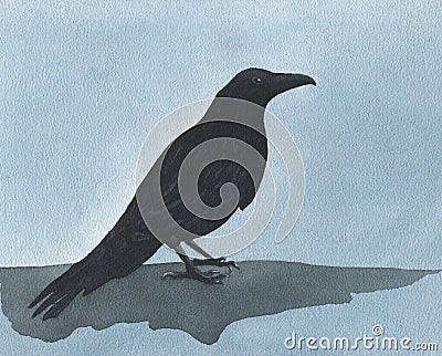 Black raven watercolor illustration, a crow artwork Cartoon Illustration