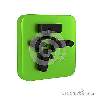 Black Ray gun icon isolated on transparent background. Laser weapon. Space blaster. Green square button. Stock Photo