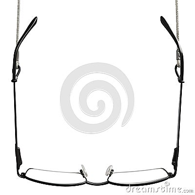 Black reading glasses, grey eyeglasses straps retainers, isolated hanging readers croakies, blank empty vertical copy space Stock Photo