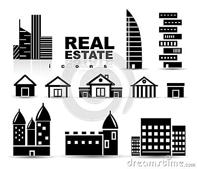 Black real estate | houses | buildings icon set Vector Illustration