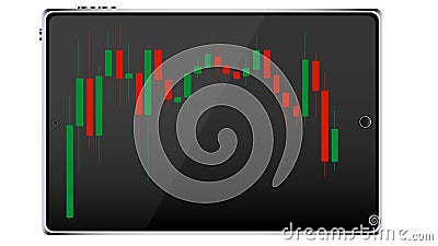 Black realistic big smart mobile tablet computer with Japanese candles, interval chart of changes in stock quotes, prices for raw Vector Illustration