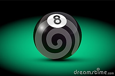 Black realistic billiard eight ball on green table. Vector billiard illustration. Vector Illustration