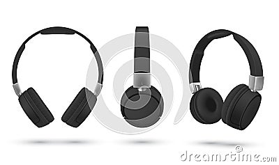 Black realistic headphones gaming headset listening audio electronic device 3d stereo earbuds Vector Illustration