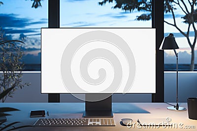 Black realistic pc with big blank white monitor with big windows behind. 3d rendering. Stock Photo