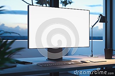 Black realistic pc with big blank white monitor with Big windows behind. 3d rendering. Stock Photo