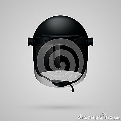 Black realistic police helmet mask isolated on light background. Cartoon Illustration