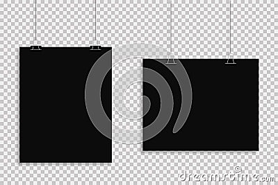 Black realistic posters hanging on transparent background with shadows. Mock up empty blank paper. Vertical and horizontal Vector Illustration