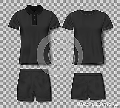 Black realistic slim male polo shirt and sport shorts design template. Set of t-shirts for sport, men classic polo Vector Illustration