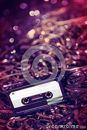 Blank Recordable Audio Cassette on Magnetic Tape - Selective Focus Stock Photo