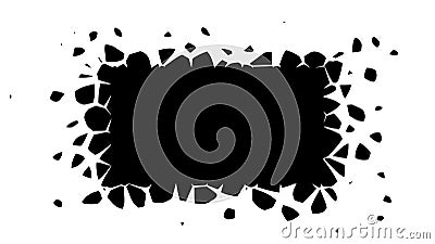 A black rectangle with flying fragments. Exploding design element with space for text, vector illustration. Vector Illustration