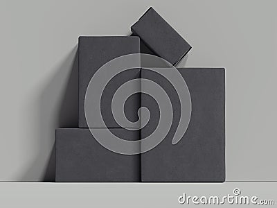 Black rectangular boxes stand next to the grey wall , 3d rendering Stock Photo