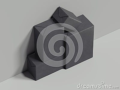 Black rectangular boxes stand next to the grey wall , 3d rendering Stock Photo