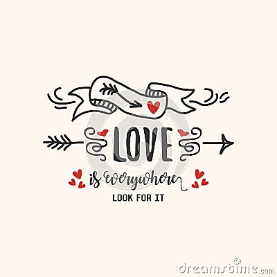 Black and red abstract hand drawn LOVE is everywhere ribbon, hearts, and arrows icons on pink Vector Illustration