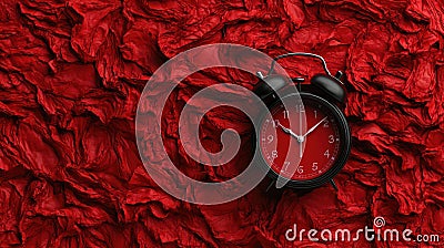 Black and red alarm clock placed on a textured, crumpled red background, creating a bold, minimalistic visual. Stock Photo