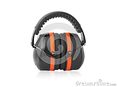 Black-red headphones for noise protection isolated on white background. Focus stacking Stock Photo