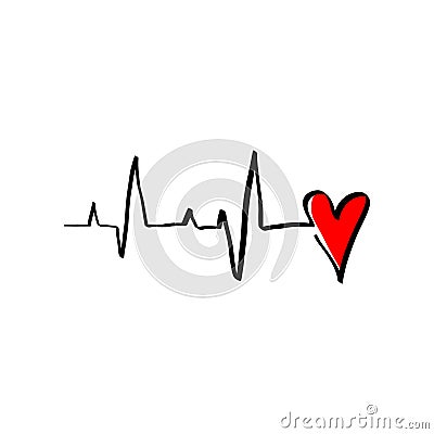 Black Red Heart cardiogram vector illustration monoline style. Romantic minimalism calligraphy love sign heartbeat. Hand drawn Vector Illustration