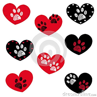 Black red heart with paw prints background Vector Illustration