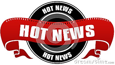 Black and red HOT NEWS badge and ribbon. Stock Photo