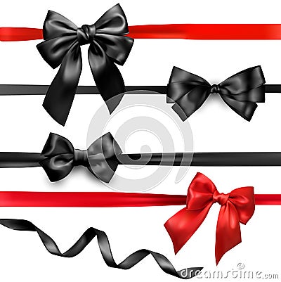 Black and red satin bows isolated on white. Vector Illustration