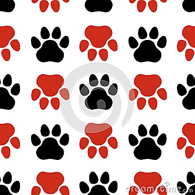 Black and red seamless pattern with animal paw prints. Footprints. Vector Vector Illustration