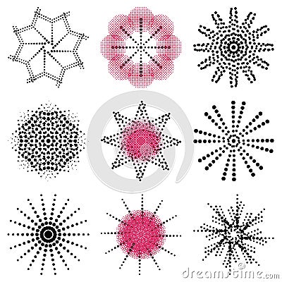 Black and red set of graphic figures, flowers outline, mosaic of dots, vector Cartoon Illustration