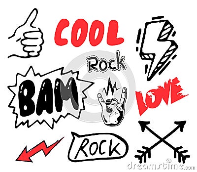 Thumb up, cool, rock, bam, love, red arow, black crossed arrows, rock hand sign, lightning signs Vector Illustration