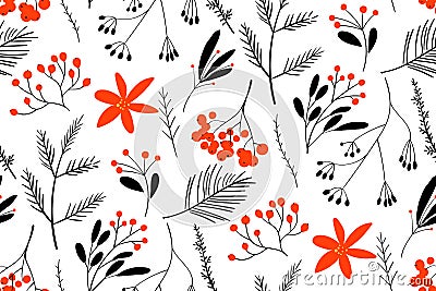 Black-red winter berries. Hand drawn floral seamless vector pattern. New year seamless pattern with branches, berries Vector Illustration