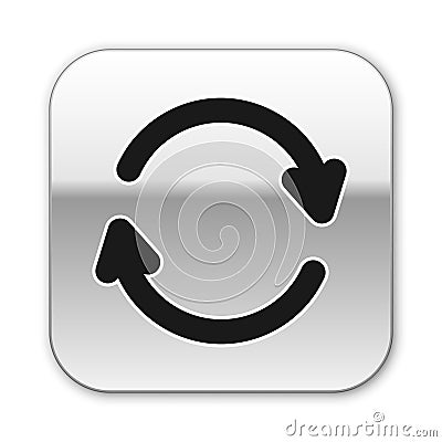 Black Refresh icon isolated on white background. Reload symbol. Rotation arrows in a circle sign. Silver square button Vector Illustration