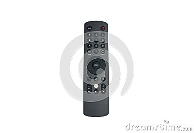 Black remote television control isolated on white background. Stock Photo