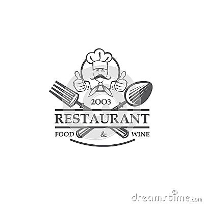 Restaurant label with chef, crossed spoon and fork Vector Illustration