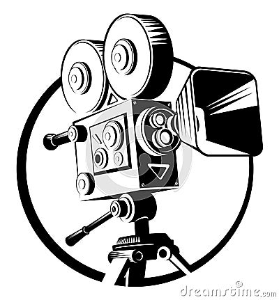 Black retro movie camera on a tripod Vector Illustration