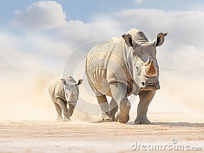 Black Rhinoceros and cow Cartoon Illustration