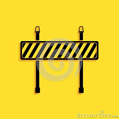 Black Road barrier icon isolated on yellow background. Fence of building or repair works. Hurdle icon. Long shadow style Vector Illustration