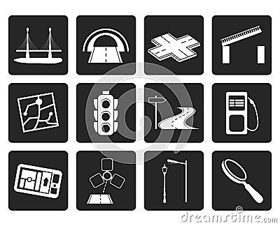 Black Road, navigation and travel icons Vector Illustration