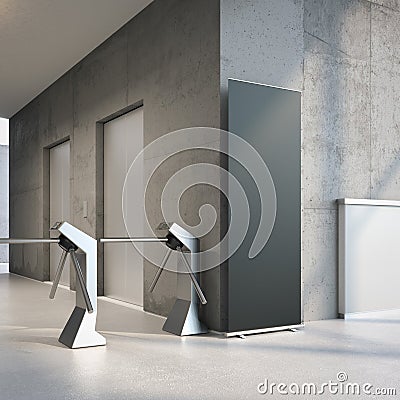 Black rollup banner at the entrance of office building. 3d rendering Stock Photo