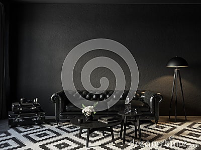 Black room interior with chester leather sofa and decor. Cartoon Illustration